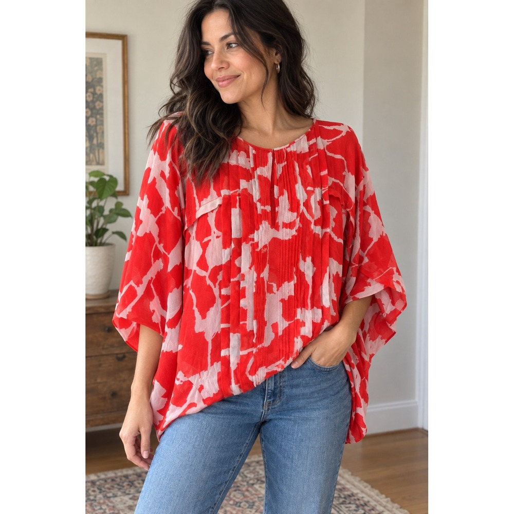 Diane von Furstenberg DVF Khalia Silk Chiffon Blouse Red Batwing Top M